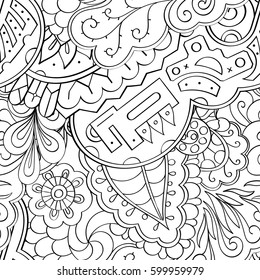Tracery seamless calming pattern. Mehndi design. Ethnic monochrome binary doodle texture. Curved doodling black and white background. Vector.