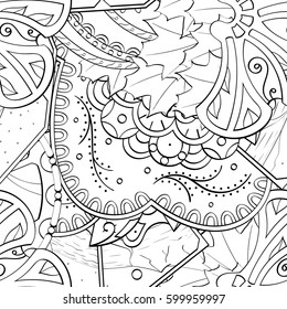 Tracery seamless calming pattern. Mehndi design. Ethnic monochrome binary doodle texture. Curved doodling black and white background. Vector.