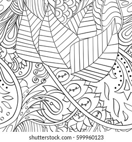 Tracery seamless calming pattern. Mehndi design. Ethnic monochrome binary doodle texture. Curved doodling black and white background. Vector.