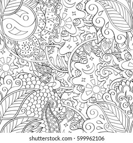 Tracery seamless calming pattern. Mehndi design. Ethnic monochrome binary doodle texture. Curved doodling black and white background. Vector.