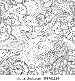 Tracery seamless calming pattern. Mehndi design. Ethnic monochrome binary doodle texture. Curved doodling black and white background. Vector.