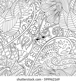 Tracery seamless calming pattern. Mehndi design. Ethnic monochrome binary doodle texture. Curved doodling black and white background. Vector.