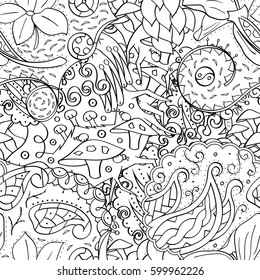 Tracery seamless calming pattern. Mehndi design. Ethnic monochrome binary doodle texture. Curved doodling black and white background. Vector.