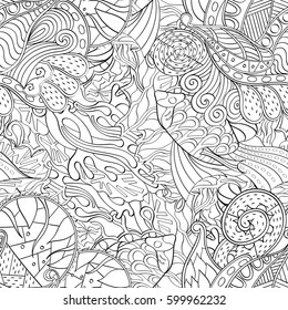 Tracery seamless calming pattern. Mehndi design. Ethnic monochrome binary doodle texture. Curved doodling black and white background. Vector.