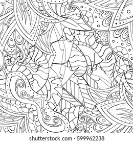 Tracery seamless calming pattern. Mehndi design. Ethnic monochrome binary doodle texture. Curved doodling black and white background. Vector.