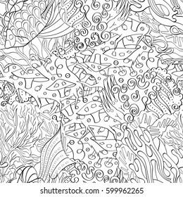 Tracery seamless calming pattern. Mehndi design. Ethnic monochrome binary doodle texture. Curved doodling black and white background. Vector.