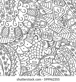 Tracery seamless calming pattern. Mehndi design. Ethnic monochrome binary doodle texture. Curved doodling black and white background. Vector.
