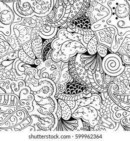 Tracery seamless calming pattern. Mehndi design. Ethnic monochrome binary doodle texture. Curved doodling black and white background. Vector.