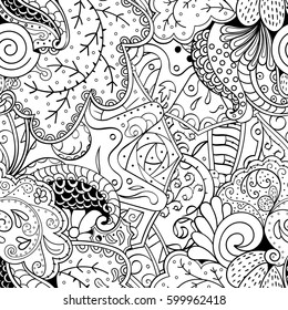 Tracery seamless calming pattern. Mehndi design. Ethnic monochrome binary doodle texture. Curved doodling black and white background. Vector.