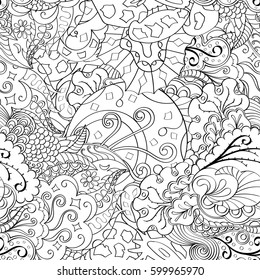 Tracery seamless calming pattern. Mehndi design. Ethnic monochrome binary doodle texture. Curved doodling black and white background. Vector.