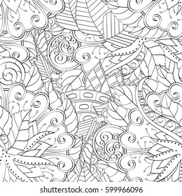 Tracery seamless calming pattern. Mehndi design. Ethnic monochrome binary doodle texture. Curved doodling black and white background. Vector.