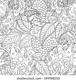 Tracery seamless calming pattern. Mehndi design. Ethnic monochrome binary doodle texture. Curved doodling black and white background. Vector.