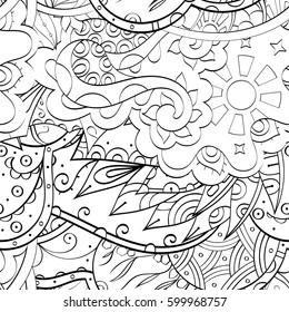 Tracery seamless calming pattern. Mehndi design. Ethnic monochrome binary doodle texture. Curved doodling black and white background. Vector.