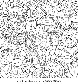 Tracery seamless calming pattern. Mehndi design. Ethnic monochrome binary doodle texture. Curved doodling black and white background. Vector.
