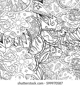 Tracery seamless calming pattern. Mehndi design. Ethnic monochrome binary doodle texture. Curved doodling black and white background. Vector.