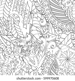 Tracery seamless calming pattern. Mehndi design. Ethnic monochrome binary doodle texture. Curved doodling black and white background. Vector.