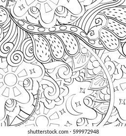 Tracery seamless calming pattern. Mehndi design. Ethnic monochrome binary doodle texture. Curved doodling black and white background. Vector.