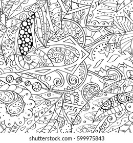 Tracery seamless calming pattern. Mehndi design. Ethnic monochrome binary doodle texture. Curved doodling black and white background. Vector.