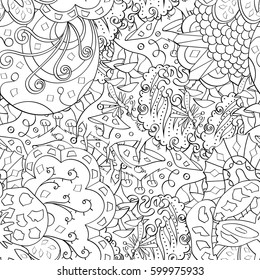 Tracery seamless calming pattern. Mehndi design. Ethnic monochrome binary doodle texture. Curved doodling black and white background. Vector.