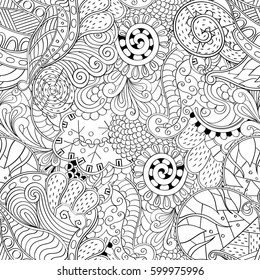 Tracery seamless calming pattern. Mehndi design. Ethnic monochrome binary doodle texture. Curved doodling black and white background. Vector.