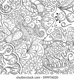 Tracery seamless calming pattern. Mehndi design. Ethnic monochrome binary doodle texture. Curved doodling black and white background. Vector.