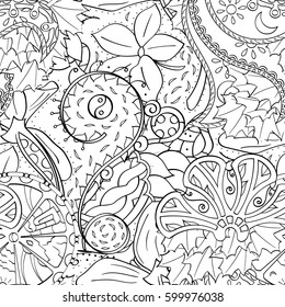 Tracery seamless calming pattern. Mehndi design. Ethnic monochrome binary doodle texture. Curved doodling black and white background. Vector.