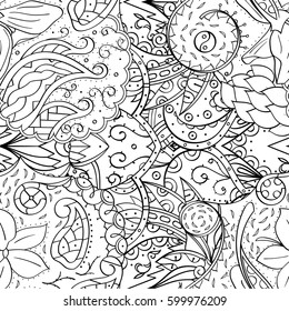 Tracery seamless calming pattern. Mehndi design. Ethnic monochrome binary doodle texture. Curved doodling black and white background. Vector.