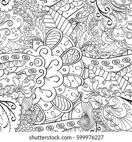 Tracery seamless calming pattern. Mehndi design. Ethnic monochrome binary doodle texture. Curved doodling black and white background. Vector.