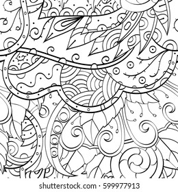 Tracery seamless calming pattern. Mehndi design. Ethnic monochrome binary doodle texture. Curved doodling black and white background. Vector.