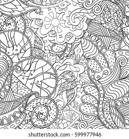 Tracery seamless calming pattern. Mehndi design. Ethnic monochrome binary doodle texture. Curved doodling black and white background. Vector.