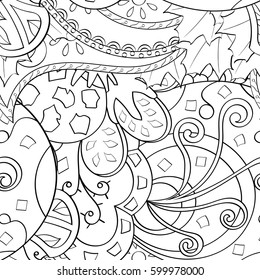 Tracery seamless calming pattern. Mehndi design. Ethnic monochrome binary doodle texture. Curved doodling black and white background. Vector.