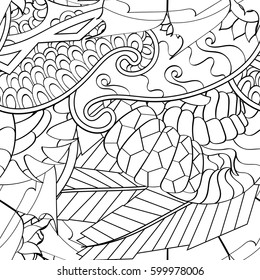 Tracery seamless calming pattern. Mehndi design. Ethnic monochrome binary doodle texture. Curved doodling black and white background. Vector.