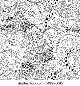 Tracery seamless calming pattern. Mehndi design. Ethnic monochrome binary doodle texture. Curved doodling black and white background. Vector.