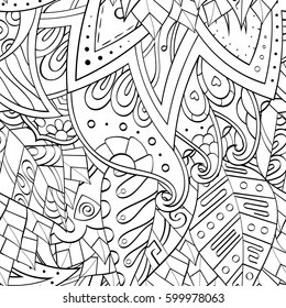 Tracery seamless calming pattern. Mehndi design. Ethnic monochrome binary doodle texture. Curved doodling black and white background. Vector.
