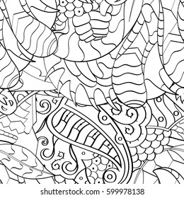 Tracery seamless calming pattern. Mehndi design. Ethnic monochrome binary doodle texture. Curved doodling black and white background. Vector.
