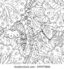 Tracery seamless calming pattern. Mehndi design. Ethnic monochrome binary doodle texture. Curved doodling black and white background. Vector.