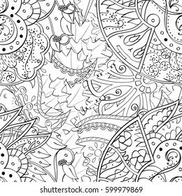 Tracery seamless calming pattern. Mehndi design. Ethnic monochrome binary doodle texture. Curved doodling black and white background. Vector.