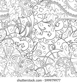 Tracery seamless calming pattern. Mehndi design. Ethnic monochrome binary doodle texture. Curved doodling black and white background. Vector.