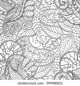 Tracery seamless calming pattern. Mehndi design. Ethnic monochrome binary doodle texture. Curved doodling black and white background. Vector.