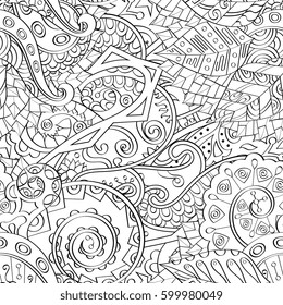 Tracery seamless calming pattern. Mehndi design. Ethnic monochrome binary doodle texture. Curved doodling black and white background. Vector.