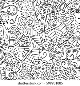 Tracery seamless calming pattern. Mehndi design. Ethnic monochrome binary doodle texture. Curved doodling black and white background. Vector.