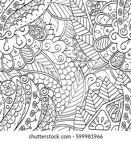 Tracery seamless calming pattern. Mehndi design. Ethnic monochrome binary doodle texture. Curved doodling black and white background. Vector.