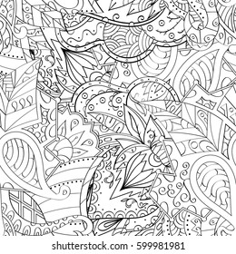 Tracery seamless calming pattern. Mehndi design. Ethnic monochrome binary doodle texture. Curved doodling black and white background. Vector.