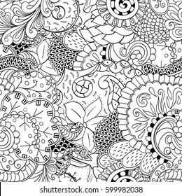 Tracery seamless calming pattern. Mehndi design. Ethnic monochrome binary doodle texture. Curved doodling black and white background. Vector.