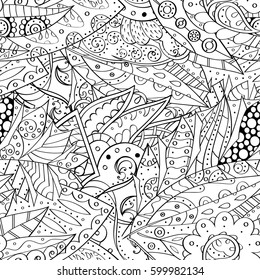 Tracery seamless calming pattern. Mehndi design. Ethnic monochrome binary doodle texture. Curved doodling black and white background. Vector.