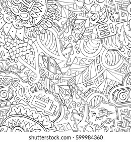 Tracery seamless calming pattern. Mehndi design. Ethnic monochrome binary doodle texture. Curved doodling black and white background. Vector.