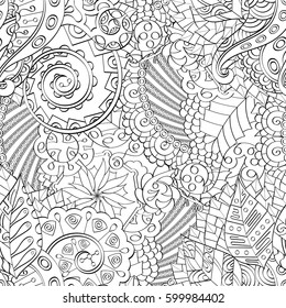 Tracery seamless calming pattern. Mehndi design. Ethnic monochrome binary doodle texture. Curved doodling black and white background. Vector.
