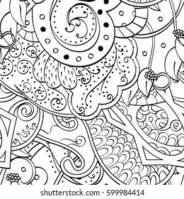 Tracery seamless calming pattern. Mehndi design. Ethnic monochrome binary doodle texture. Curved doodling black and white background. Vector.