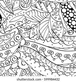Tracery seamless calming pattern. Mehndi design. Ethnic monochrome binary doodle texture. Curved doodling black and white background. Vector.
