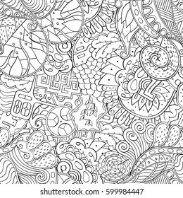 Tracery seamless calming pattern. Mehndi design. Ethnic monochrome binary doodle texture. Curved doodling black and white background. Vector.